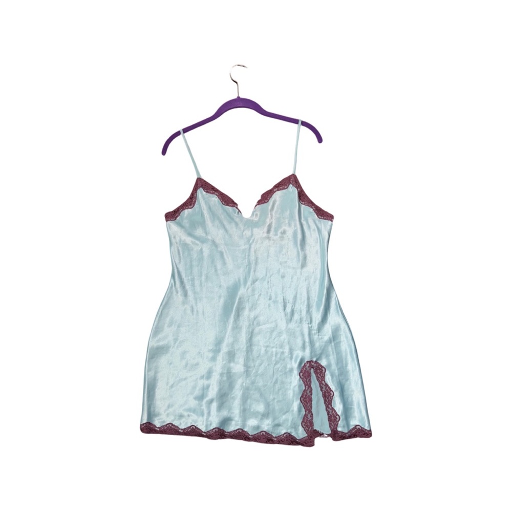 Victoria’s Secret Nightgown Sexy Silk Slip Blue w/ Purple Lace Large